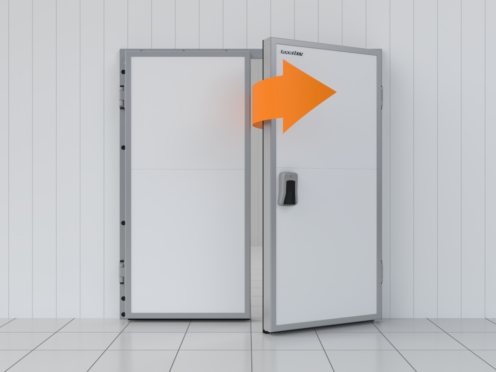 Накладной монтаж снаружи помещения. Створка с замком справа.